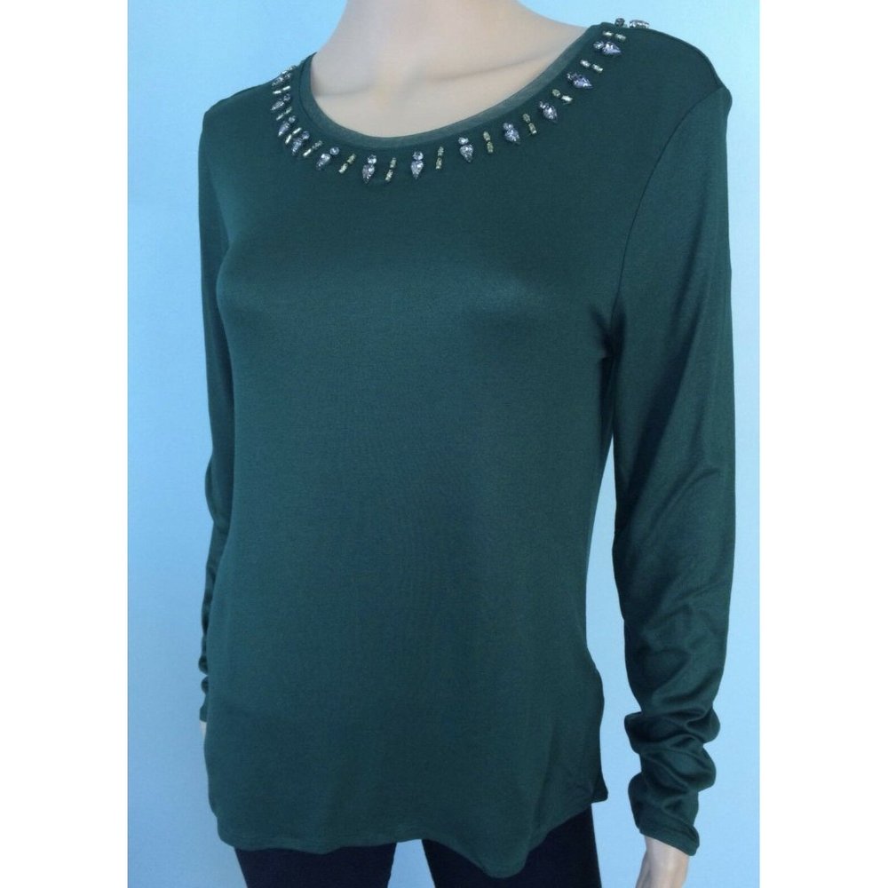 NWT Massimo Dutti Women's Top Sweater Green Long Sleeve Rhinestone Crystal S - Picture 4 of 12